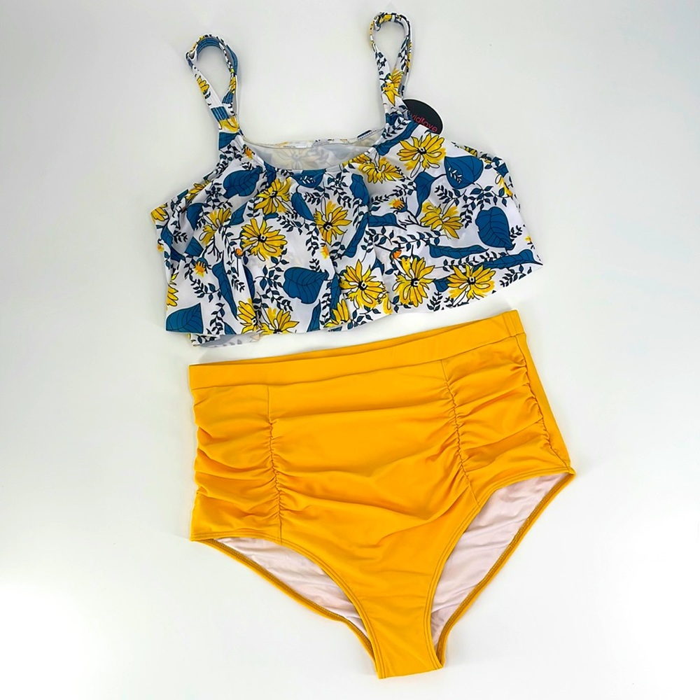 AvidLove 2Pc Bikini High Waisted Overlay Floral Printed Swimsuit Women's XXL